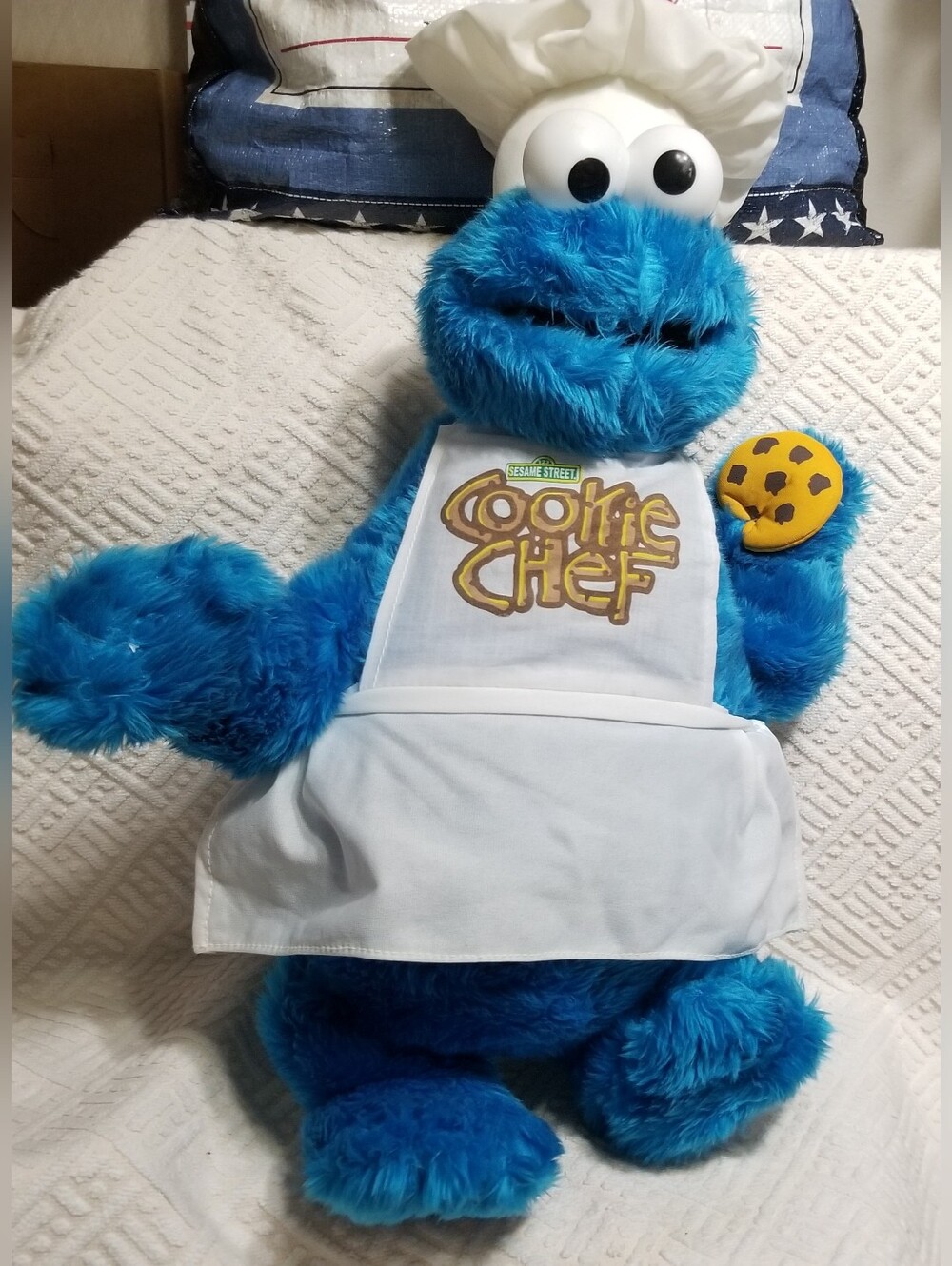 Y2K Sesame Street Bright Blue Cookie Monster Plush with White Apron & Chef Hat